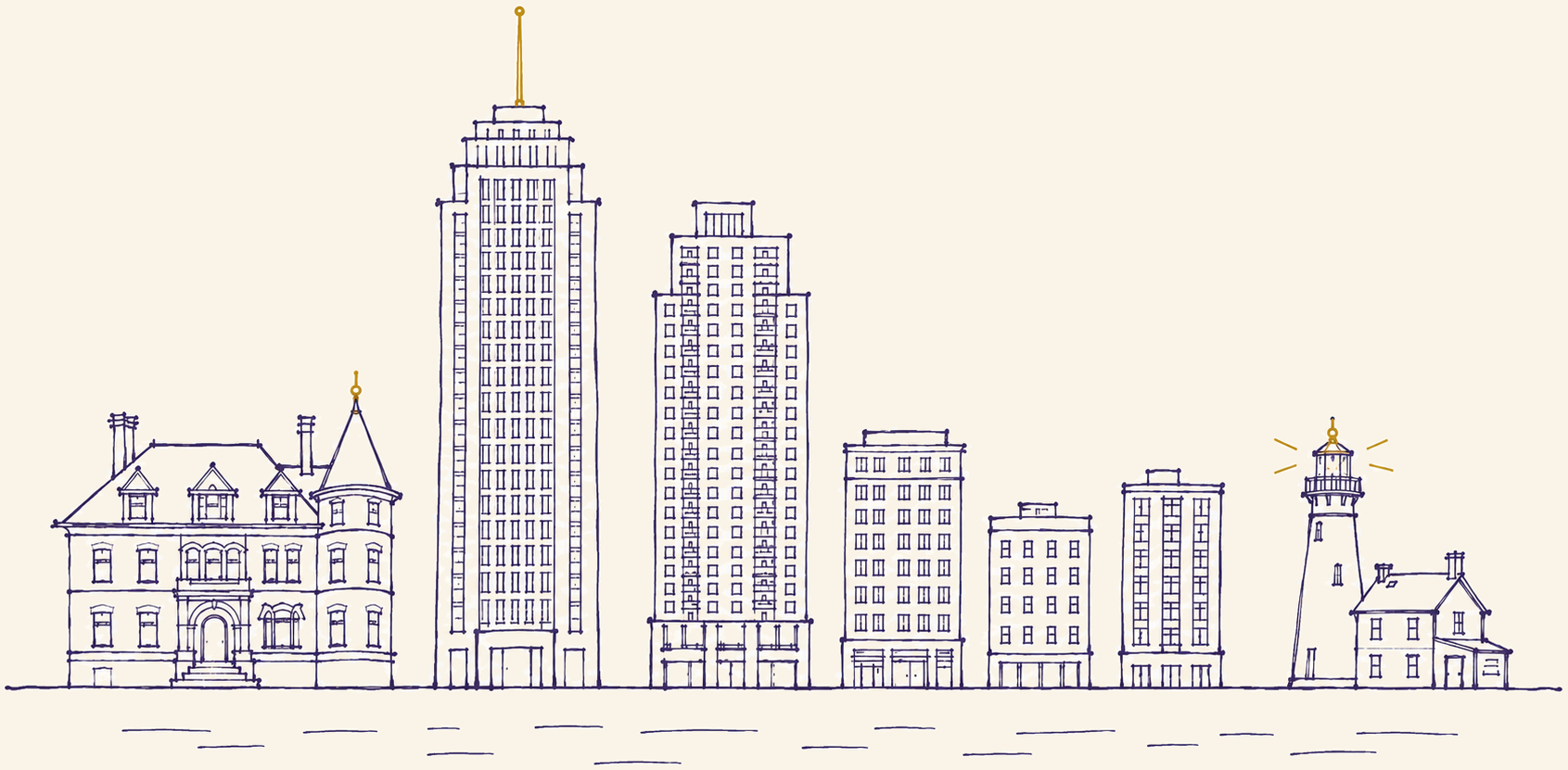 Hand-drawn sketch of the Evanston skyline.